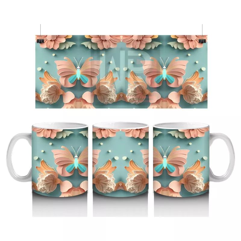 Mavi ve Pembe Pastel Kelebekler Deseni – Baskılı Kahve Kupası
