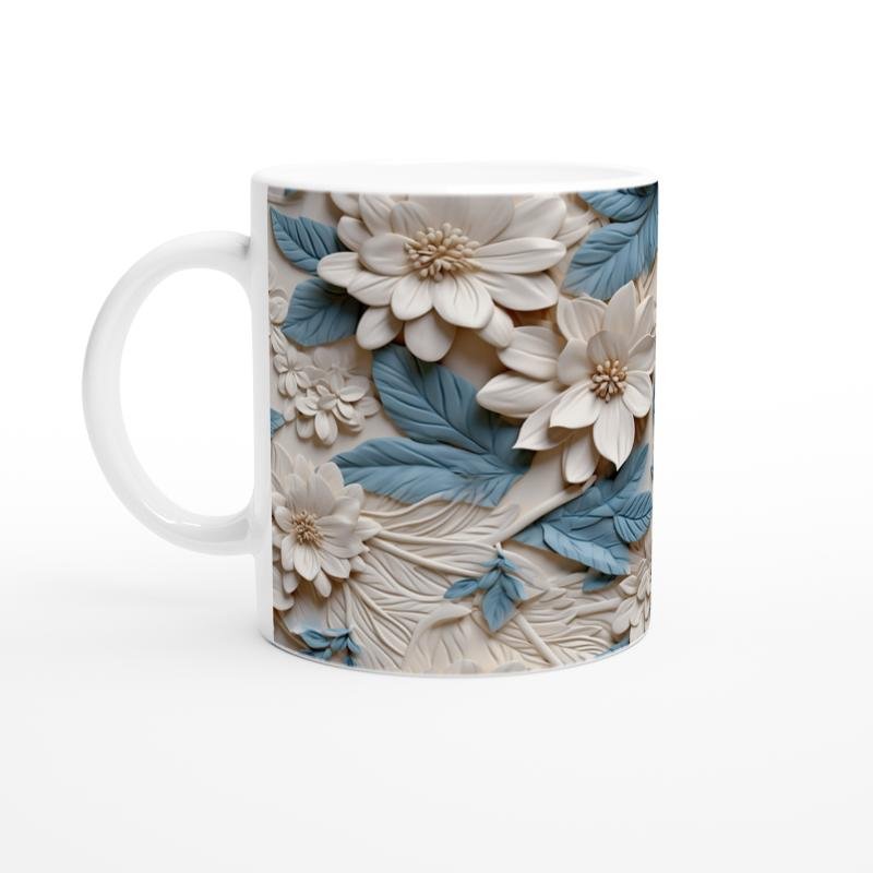 Mavi Yapraklı Çiçek Desenli Kupa Bardak