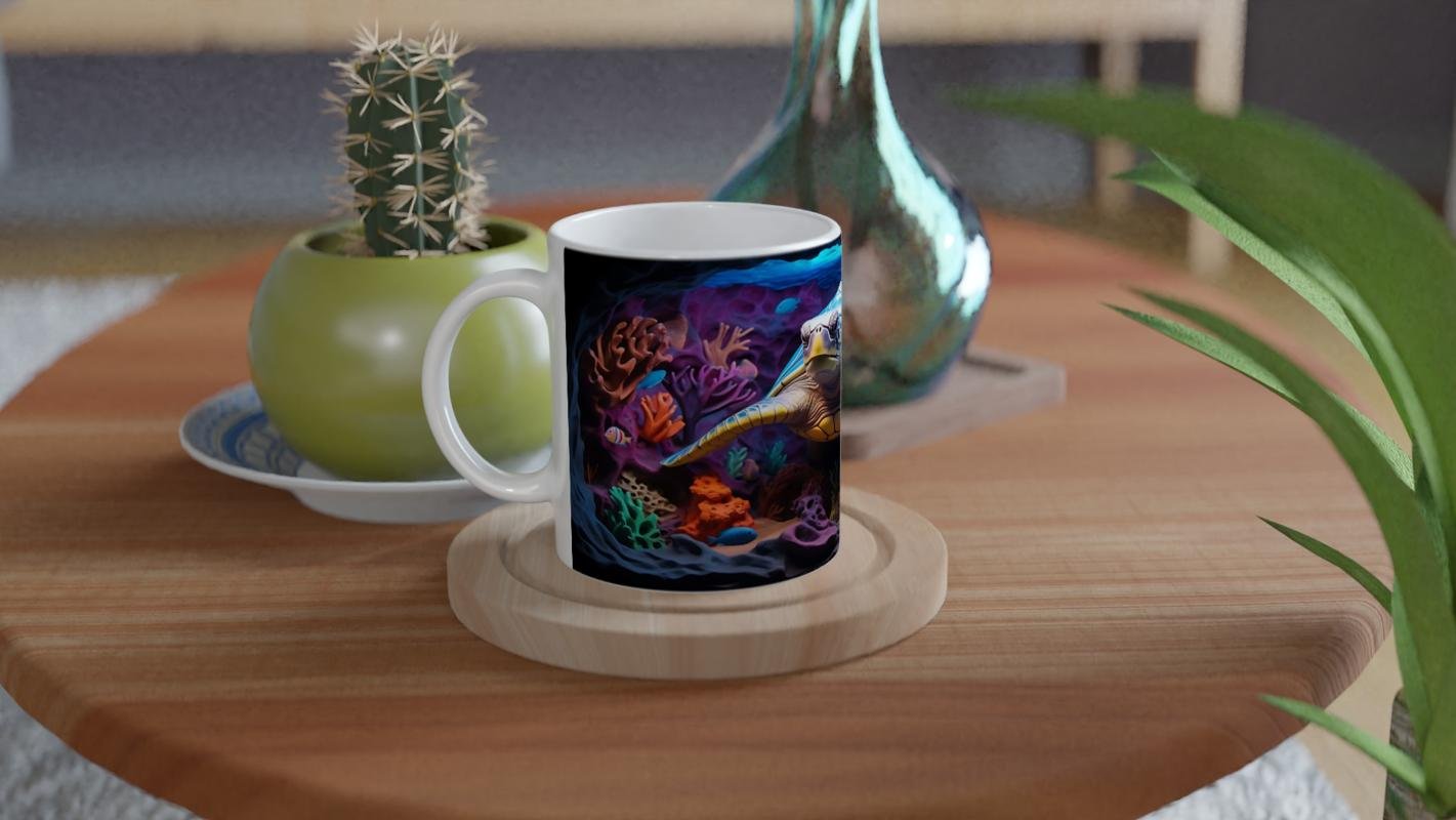 Mavi Zırhlı Kaplumbağa ve Mercan Bahçesi Su Altı Temalı Kupa Bardak - 4