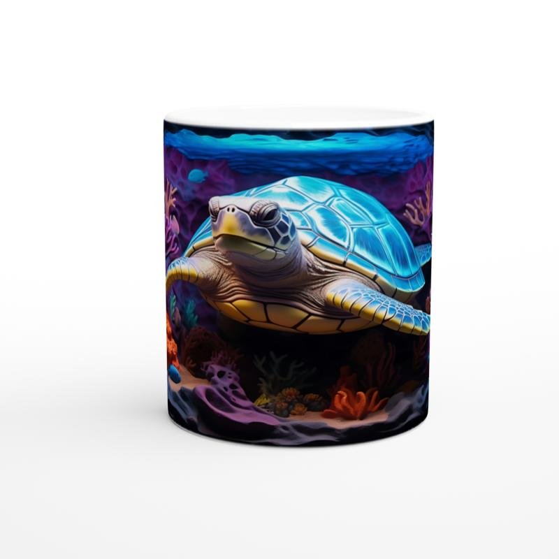Mavi Zırhlı Kaplumbağa ve Mercan Bahçesi Su Altı Temalı Kupa Bardak