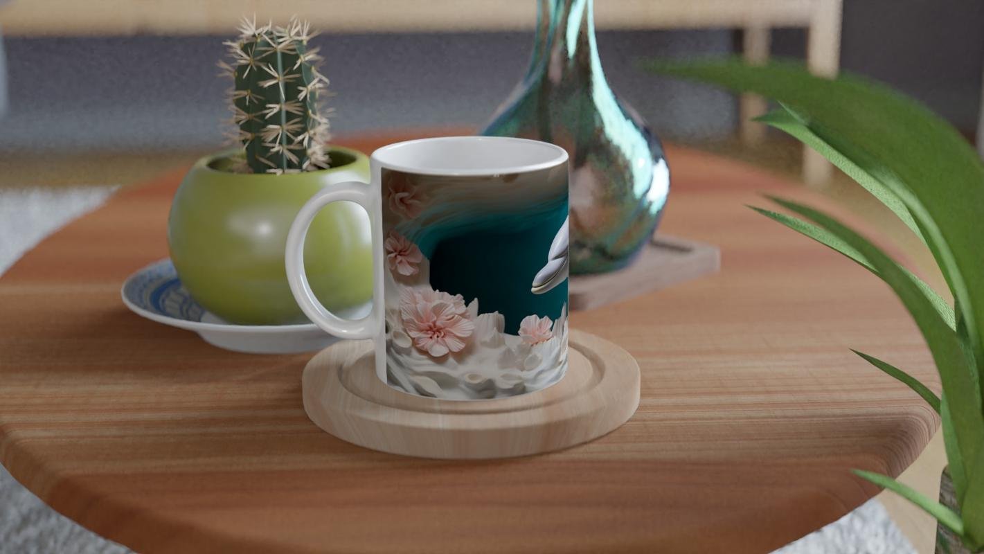 Mercan Bahçesinde Neşeyle Süzülen Yunus Temalı Kupa Bardak - 4