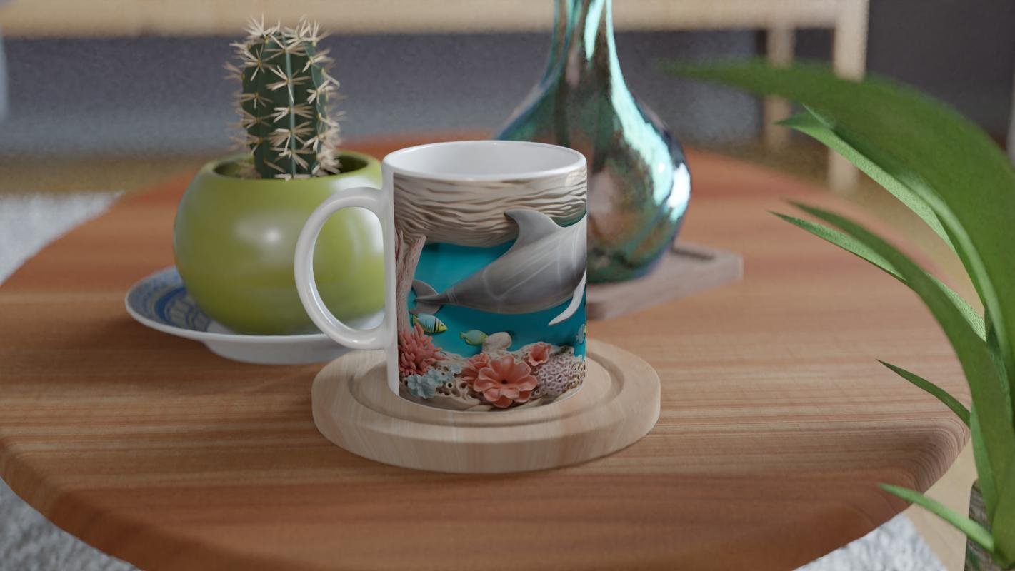 Mercan Bahçesinde Yüzen Neşeli Yunus Temalı Kupa Bardak - 4