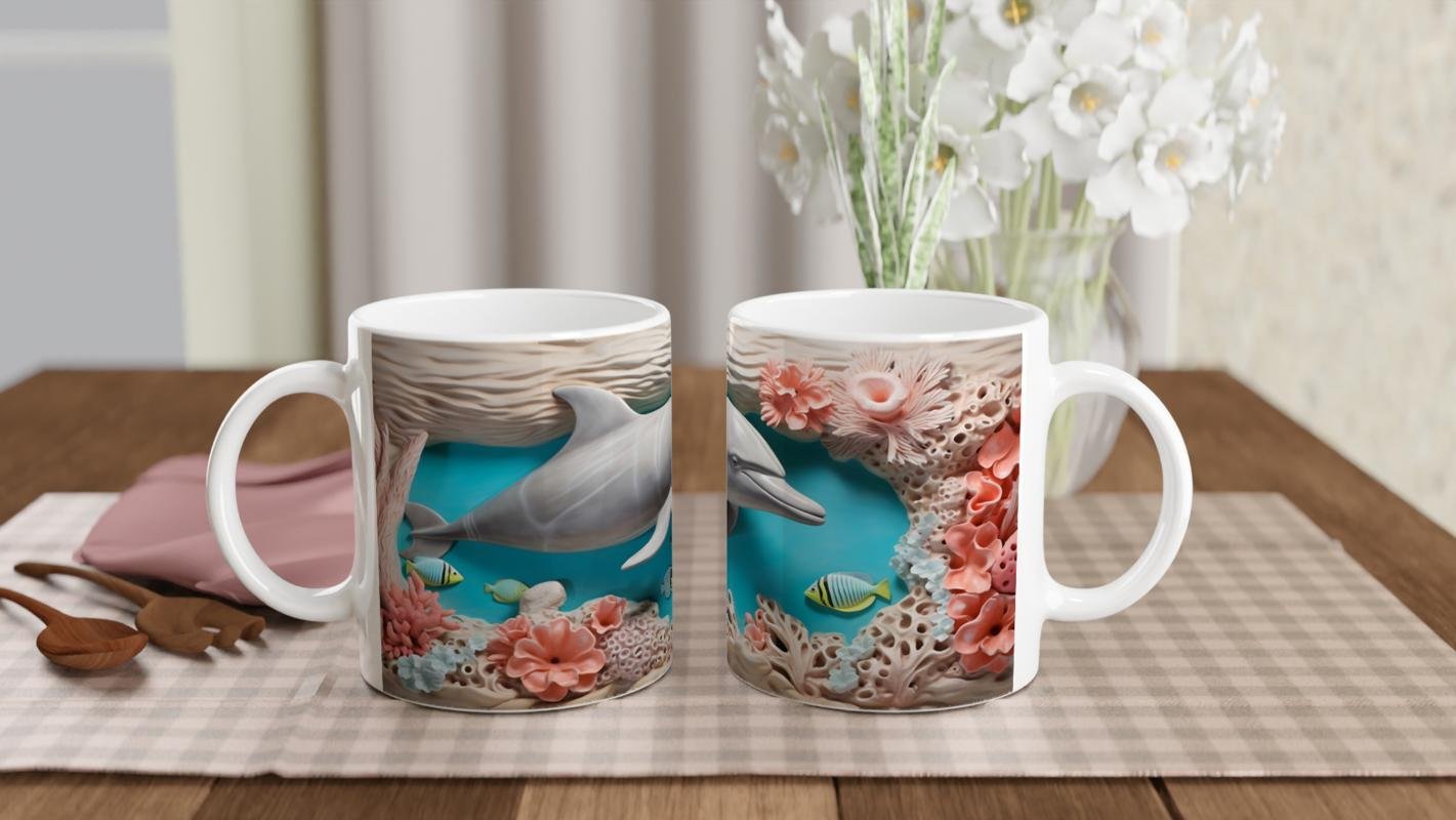 Mercan Bahçesinde Yüzen Neşeli Yunus Temalı Kupa Bardak - 5