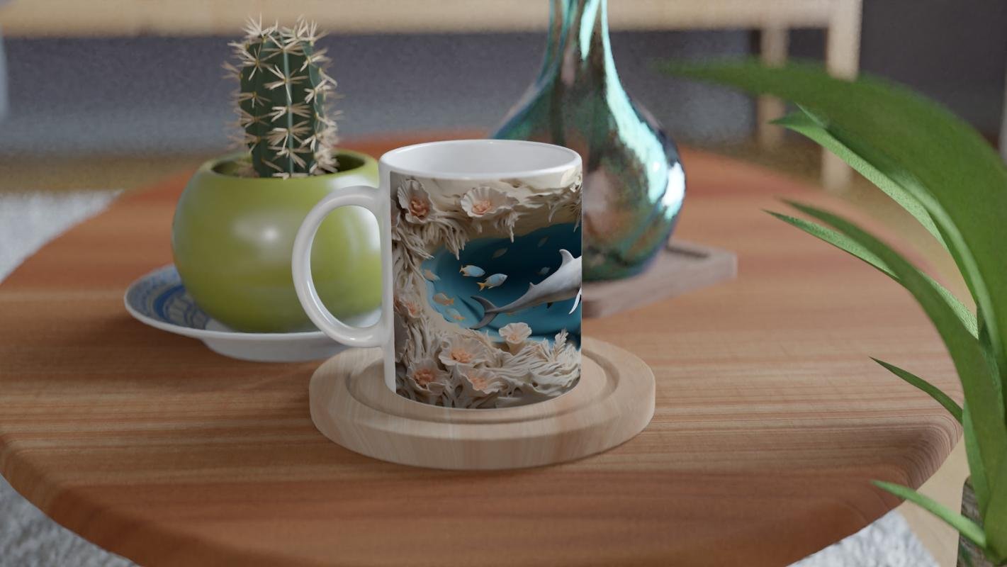 Mercan Bahçesinde Yüzen Yunus Desenli Su Altı Temalı Kupa Bardak - 4