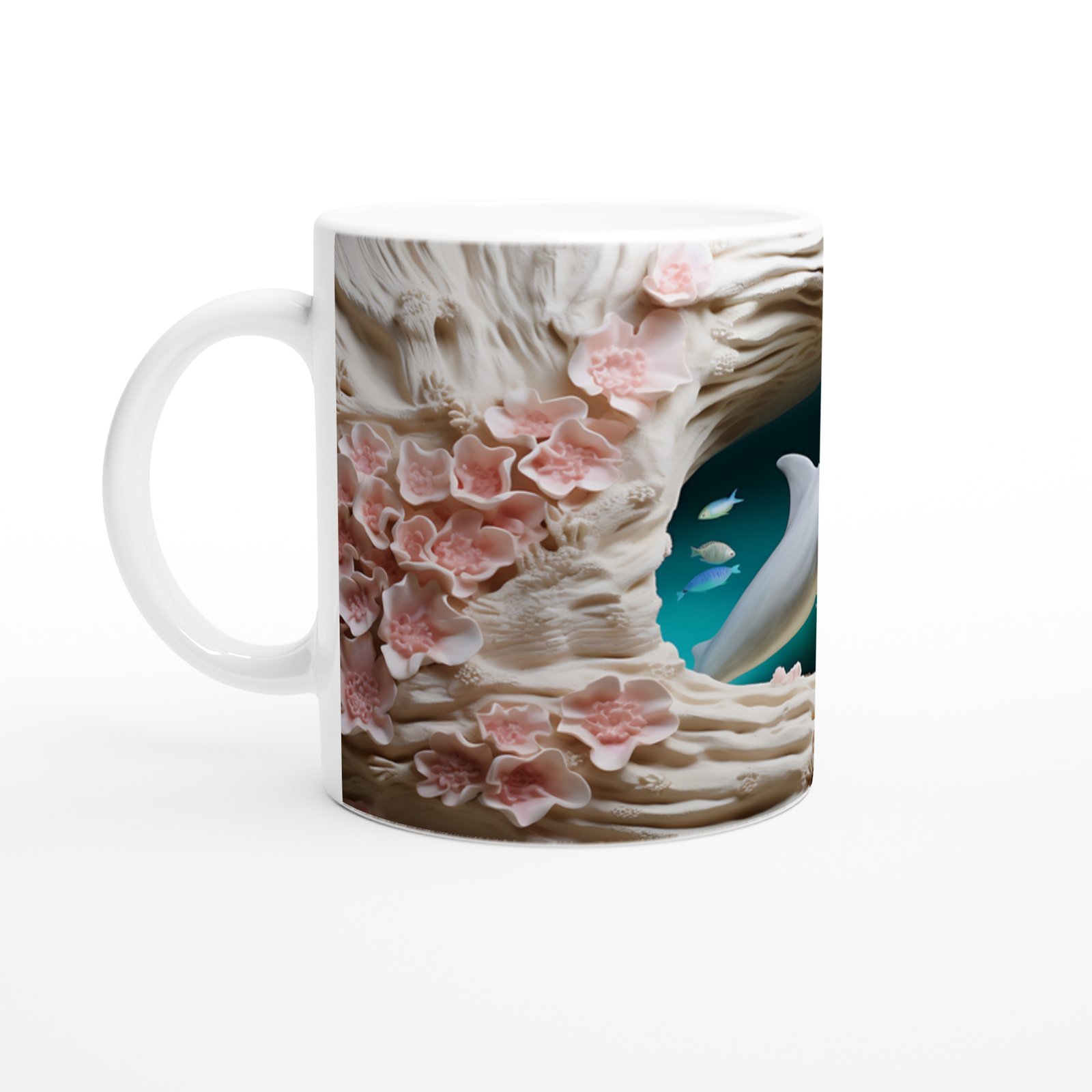 Mercan Çiçekleri Arasında Yüzen Sevimli Yunus Temalı Kupa Bardak - 2