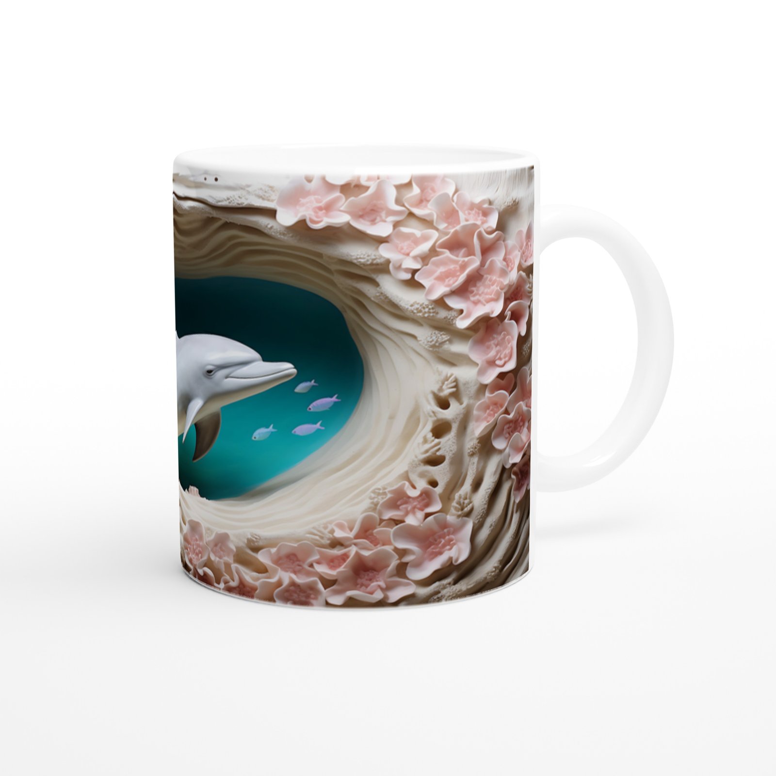 Mercan Çiçekleri Arasında Yüzen Sevimli Yunus Temalı Kupa Bardak - 3