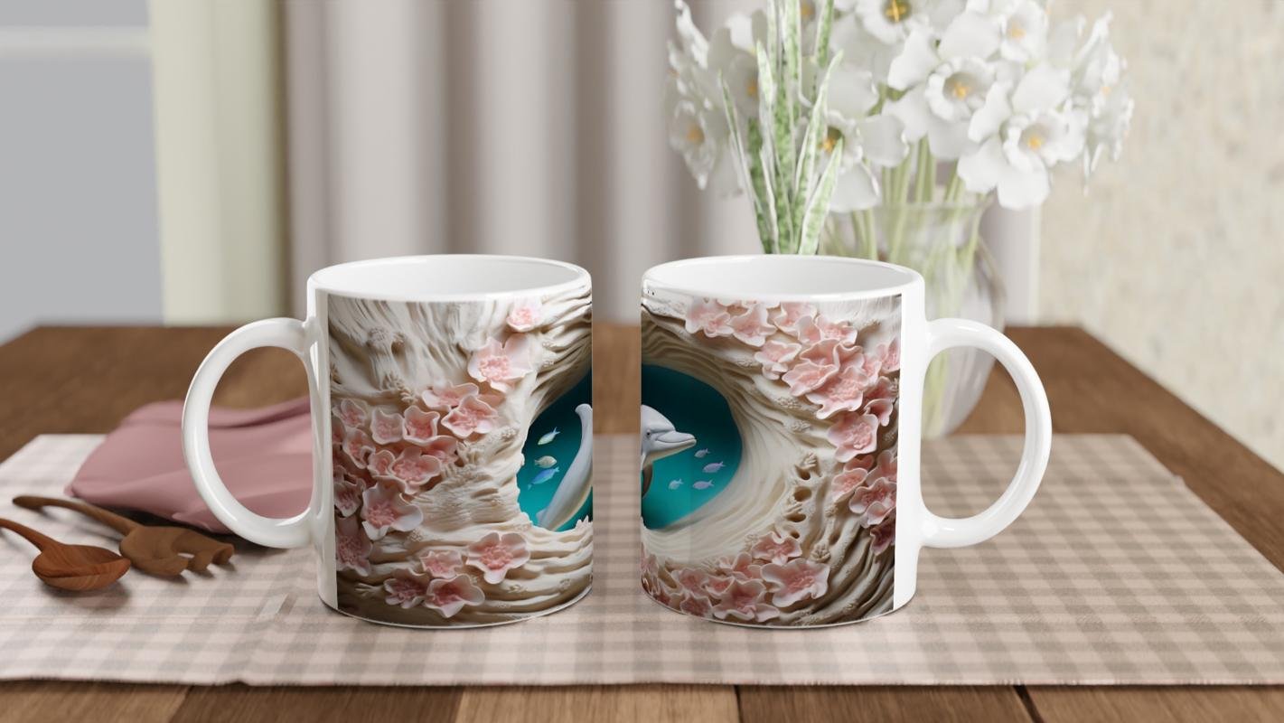 Mercan Çiçekleri Arasında Yüzen Sevimli Yunus Temalı Kupa Bardak - 5