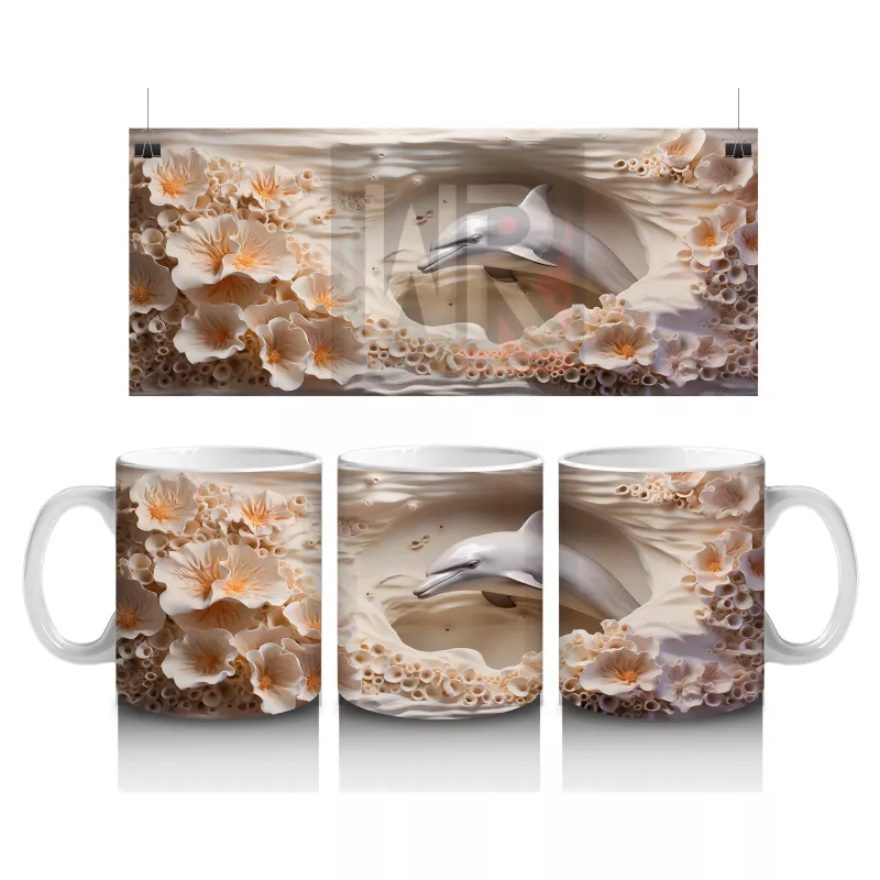 Mercan Kayalıklarında Yüzen Zarif Yunus Desenli Kupa Bardak