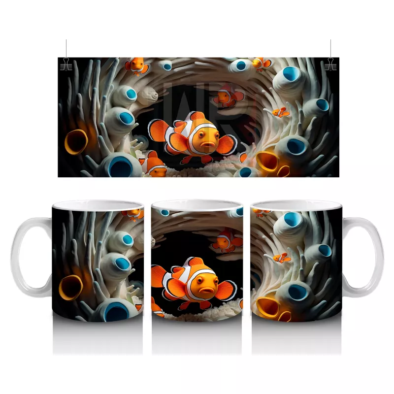 Mercan Mağarasında Yüzen Çift Palyaço Balığı – Baskılı Kahve Kupası