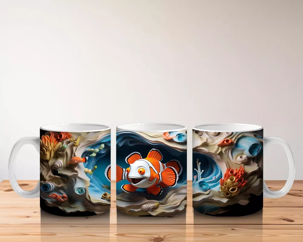 Mercan Resifinde Yüzen Palyaço Balığı Desenli Kupa Bardak - 5