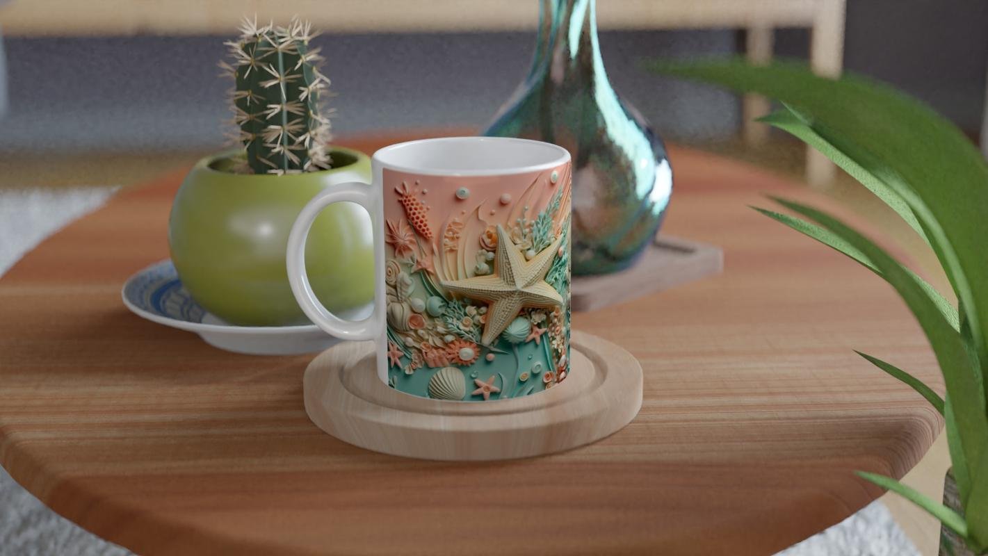 Mercanlar Arasında Deniz Yıldızı Temalı Baskılı Kupa Bardak - 4