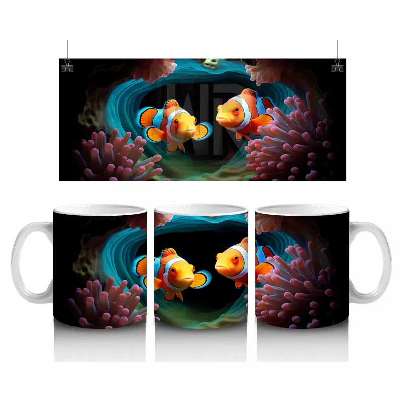 Mercanlar Arasında Renkli Palyaço Balıkları – Baskılı Kahve Kupası