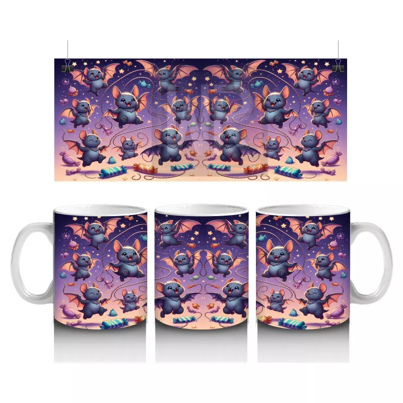 Mor Arka Plan Üzerinde Korkunç Hayaletler ve Balkabaklarıyla Cadılar Bayramı Baskılı Kupa Bardak