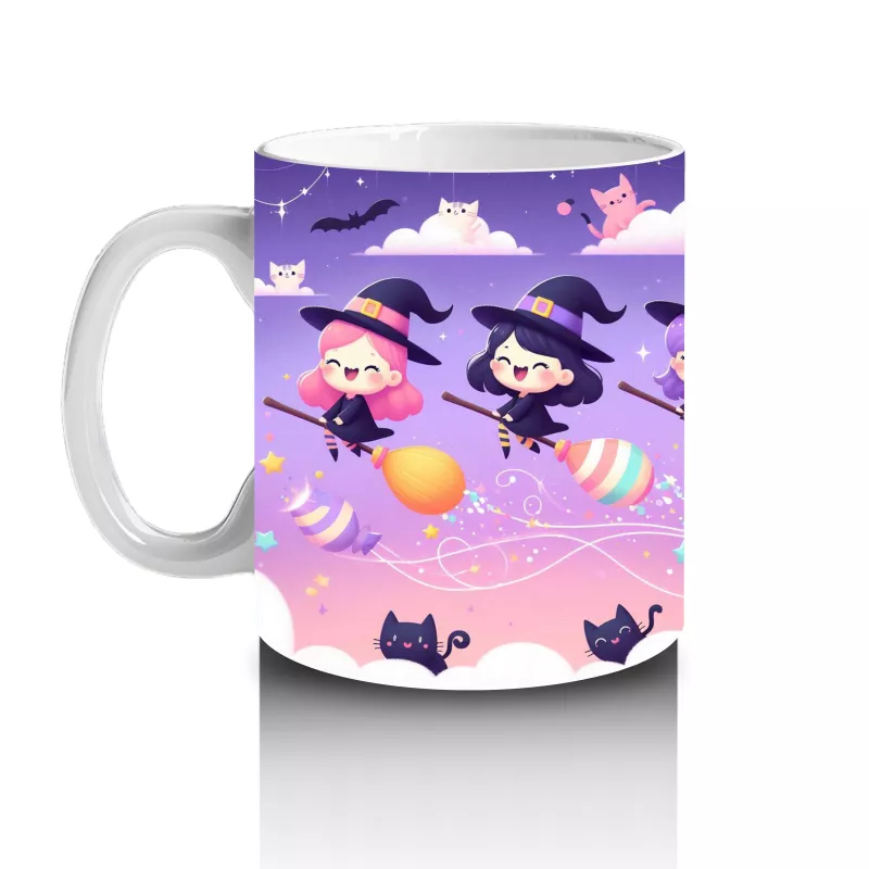 Mor Arka Plan Üzerinde Sevimli Hayaletler ve Şekerlemelerle Cadılar Bayramı Baskılı Kupa Bardak - 2