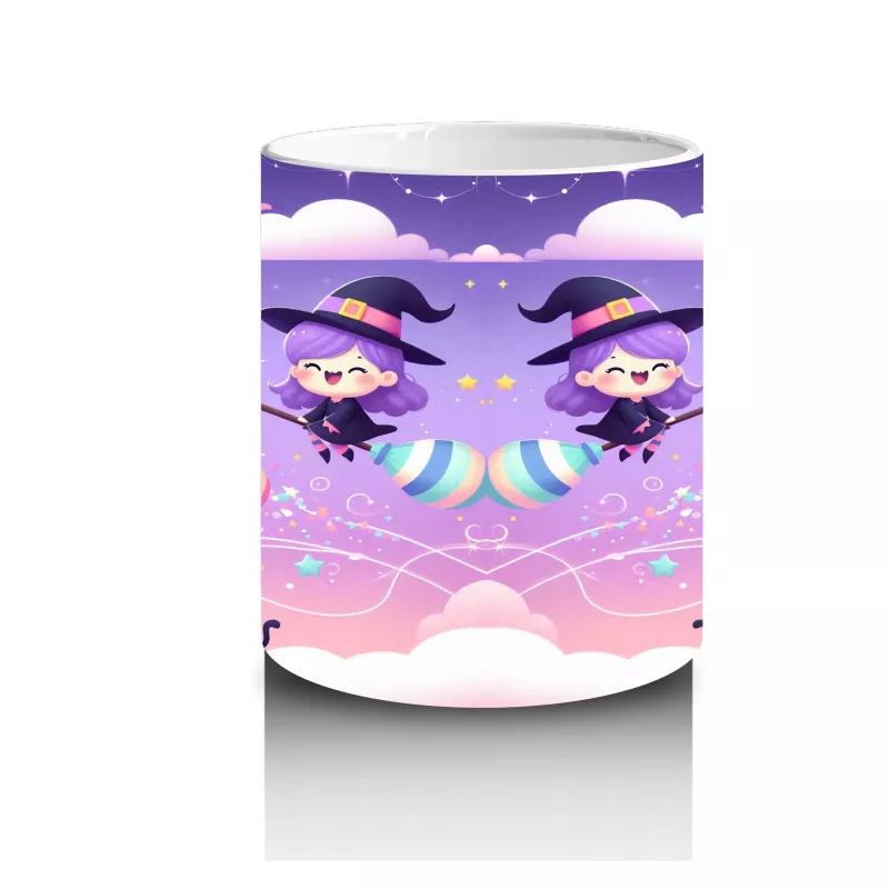 Mor Arka Plan Üzerinde Sevimli Hayaletler ve Şekerlemelerle Cadılar Bayramı Baskılı Kupa Bardak - 3