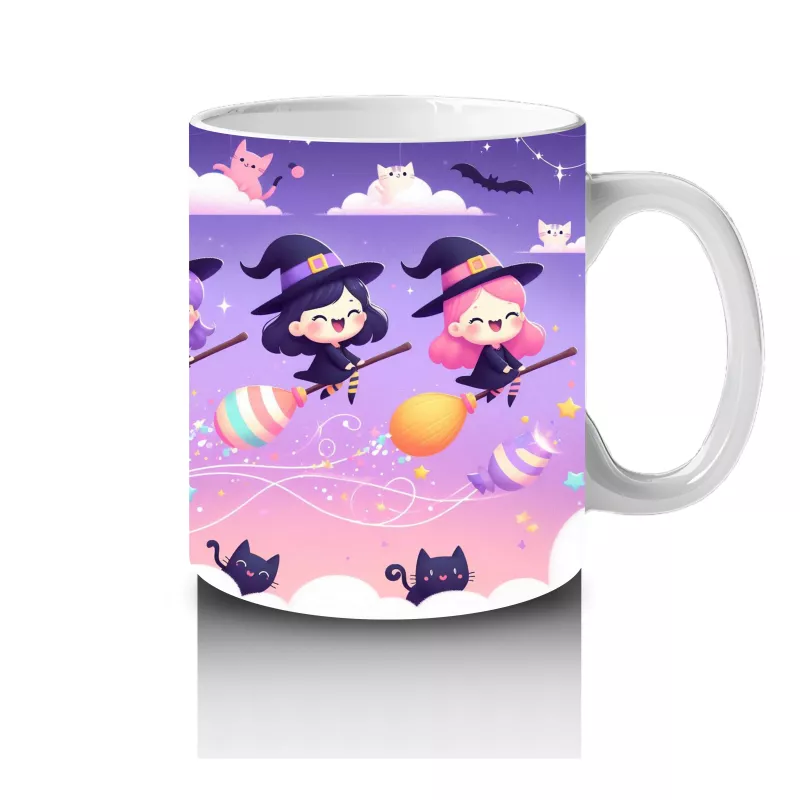 Mor Arka Plan Üzerinde Sevimli Hayaletler ve Şekerlemelerle Cadılar Bayramı Baskılı Kupa Bardak - 4