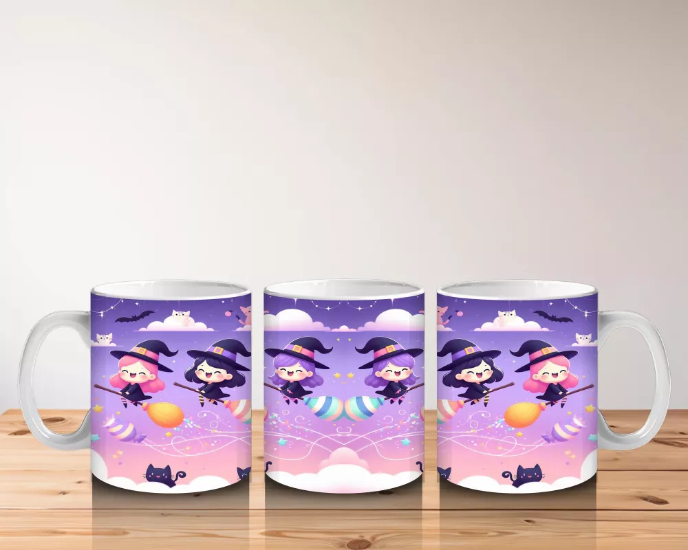 Mor Arka Plan Üzerinde Sevimli Hayaletler ve Şekerlemelerle Cadılar Bayramı Baskılı Kupa Bardak - 5