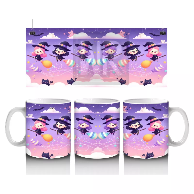 Mor Arka Plan Üzerinde Sevimli Hayaletler ve Şekerlemelerle Cadılar Bayramı Baskılı Kupa Bardak