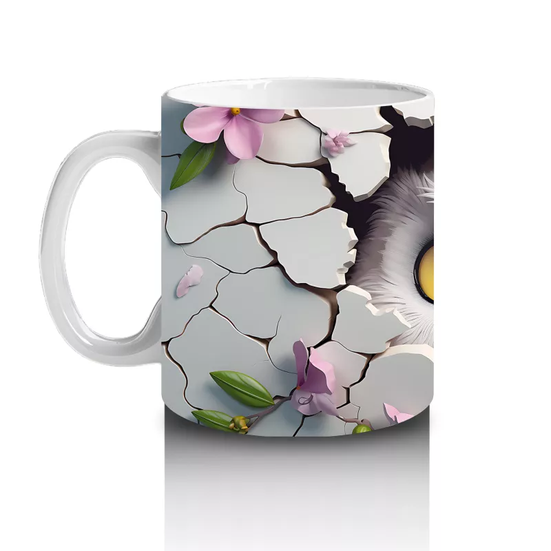 Mor Çiçekler Arasında Bakan Sarı Gözlü Baykuş – Baskılı Kahve Kupası - 2