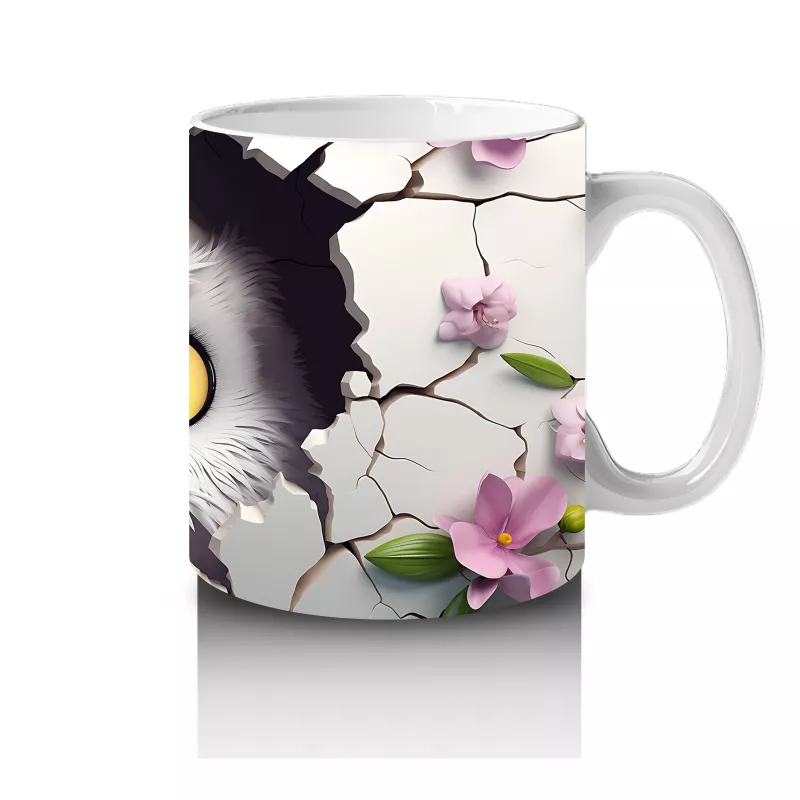 Mor Çiçekler Arasında Bakan Sarı Gözlü Baykuş – Baskılı Kahve Kupası - 4