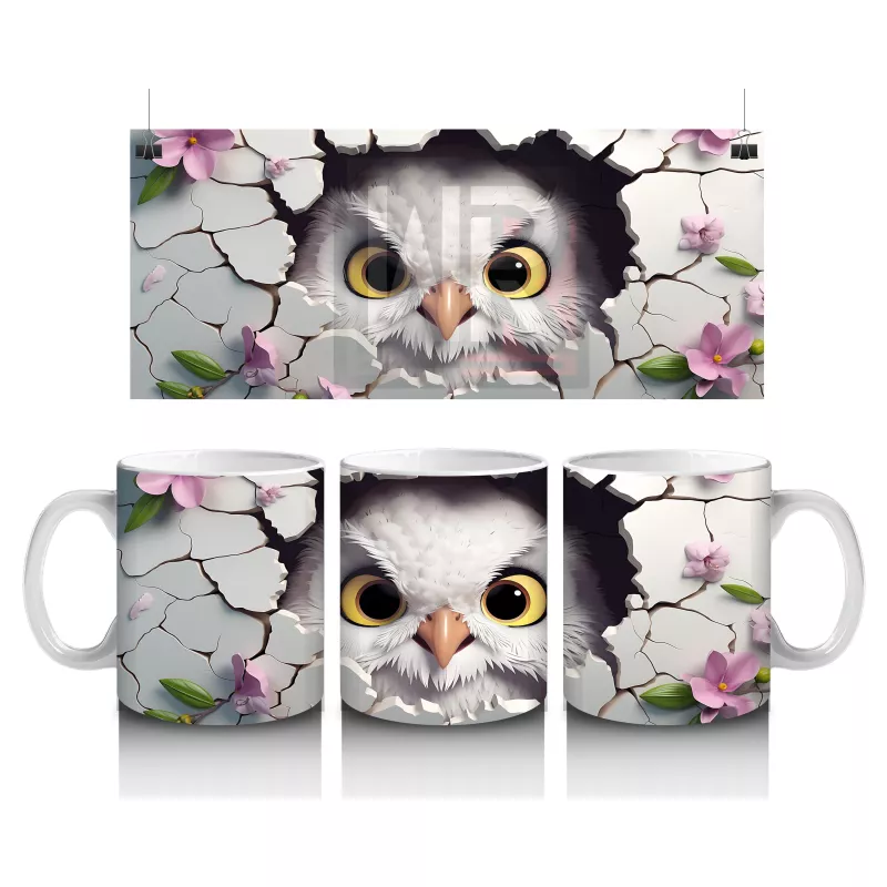 Mor Çiçekler Arasında Bakan Sarı Gözlü Baykuş – Baskılı Kahve Kupası