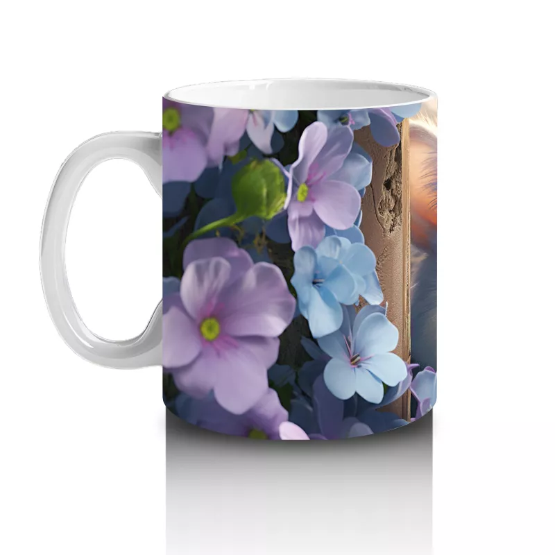 Mor Çiçekler Arasında Parlayan Yeşil Gözlü Beyaz Kedi Kupa - 2