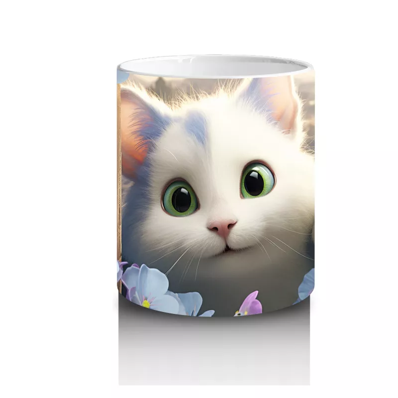 Mor Çiçekler Arasında Parlayan Yeşil Gözlü Beyaz Kedi Kupa - 3