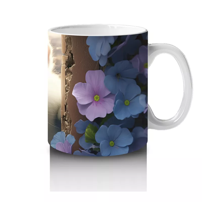 Mor Çiçekler Arasında Parlayan Yeşil Gözlü Beyaz Kedi Kupa - 4