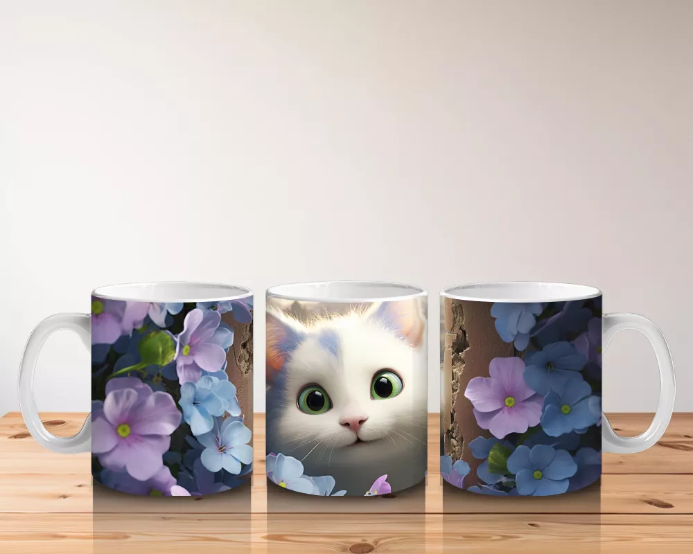 Mor Çiçekler Arasında Parlayan Yeşil Gözlü Beyaz Kedi Kupa - 5