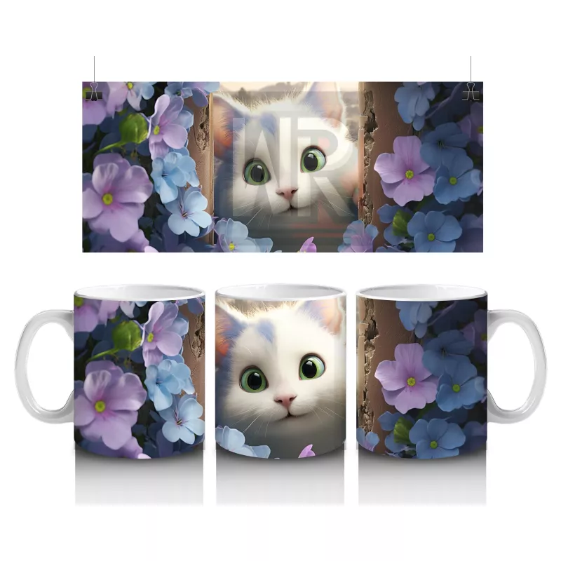 Mor Çiçekler Arasında Parlayan Yeşil Gözlü Beyaz Kedi Kupa