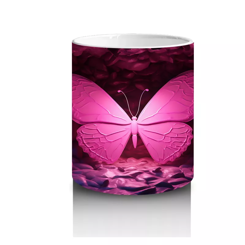 Mor Işıklarla Aydınlatılmış Pembe Kelebek – Baskılı Kahve Kupası - 3