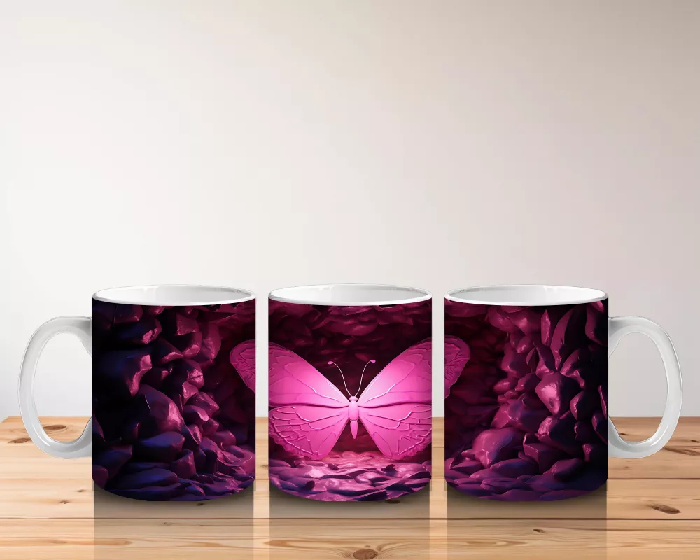 Mor Işıklarla Aydınlatılmış Pembe Kelebek – Baskılı Kahve Kupası - 5