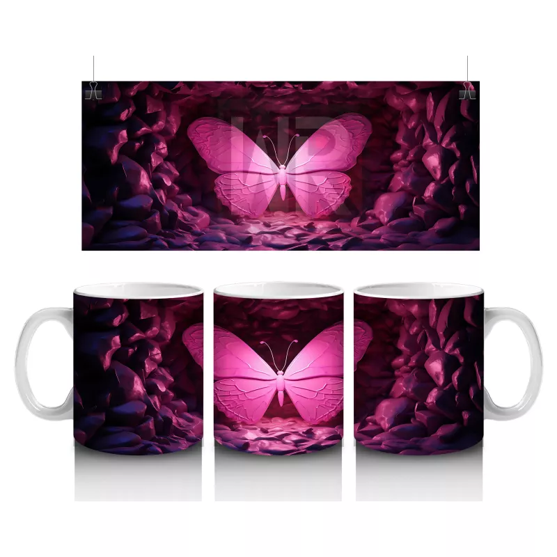 Mor Işıklarla Aydınlatılmış Pembe Kelebek – Baskılı Kahve Kupası
