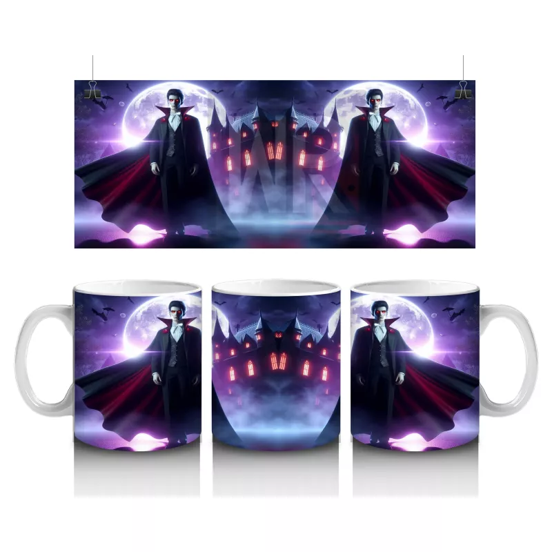 Mor Işıklı Korkunç Vampir Figürlü Cadılar Bayramı Baskılı Kupa