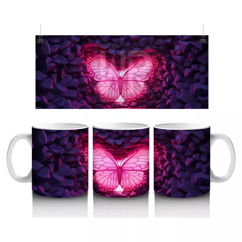 Mor Kristal Taşlar Arasında Parlayan Kelebek – Baskılı Kahve Kupası