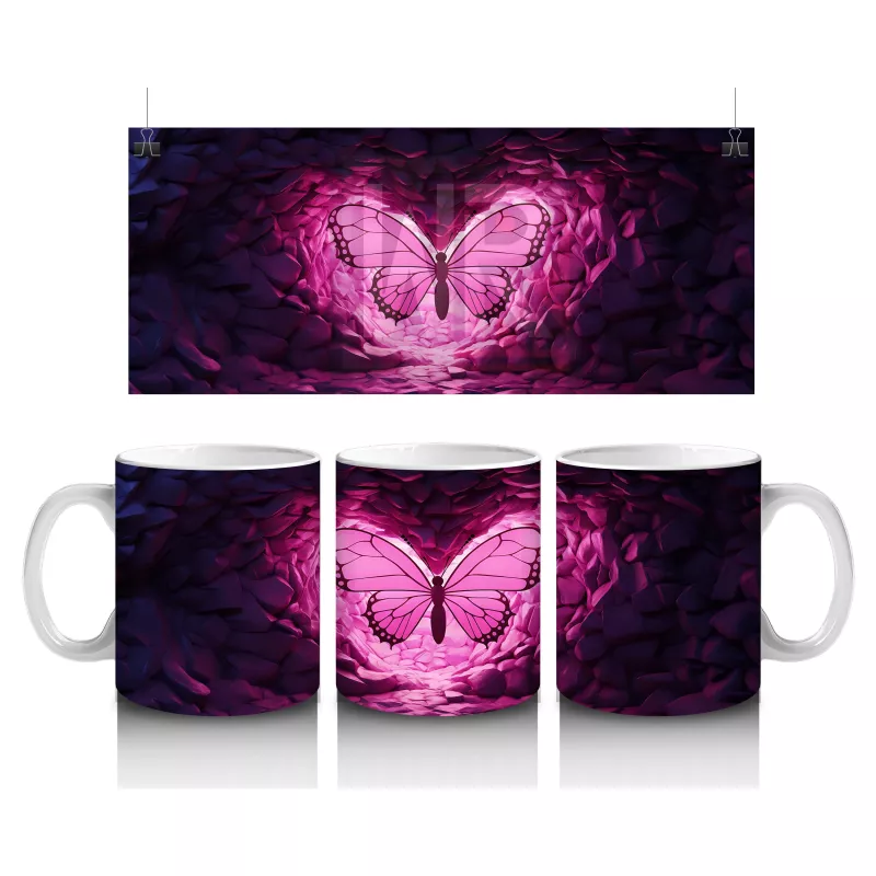 Mor Kristaller Arasında Parlayan Pembe Kelebek – Baskılı Kahve Kupası