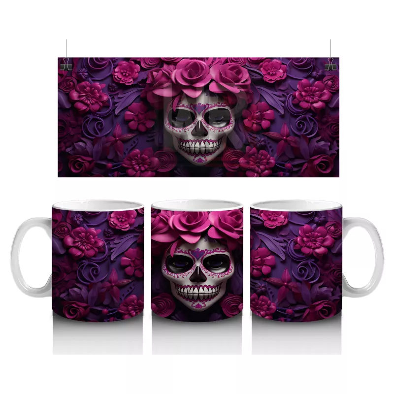 Mor ve Pembe Gül Bahçesinde Gotik Kafatası – Hediyelik Kahve Kupası