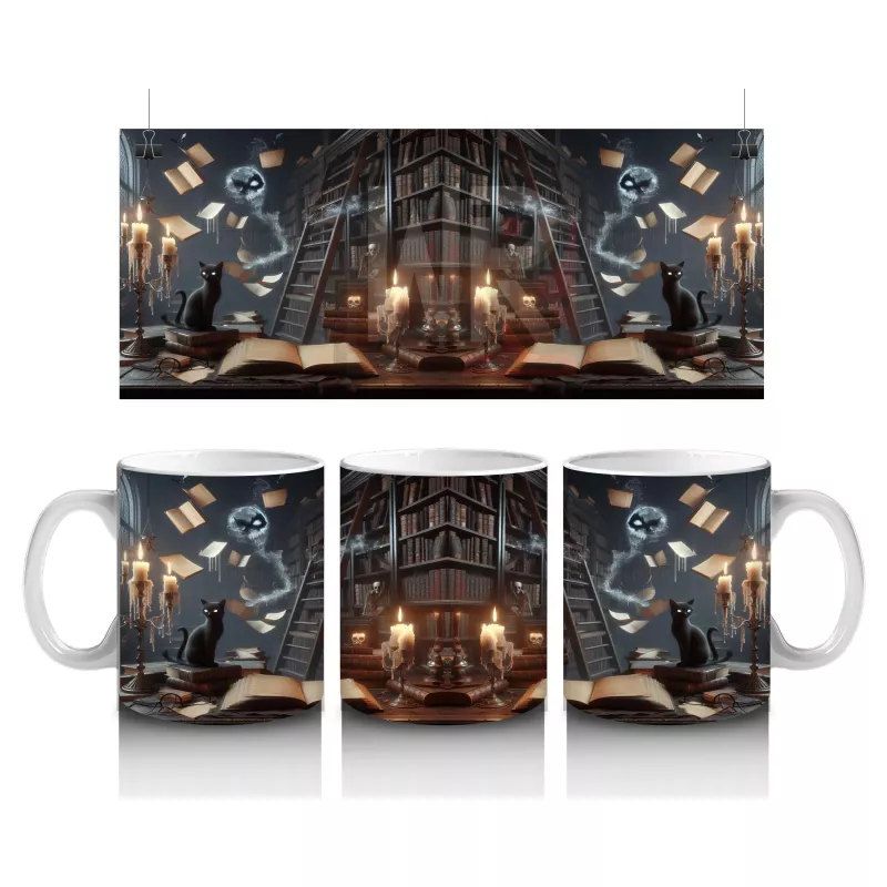 Mum Işığında Gotik Kitaplık ve Büyü Masası Temalı Cadılar Bayramı Baskılı Kupa Bardak