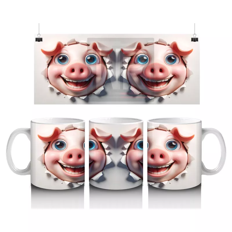 Mutlu İfade ile Bakan Çift Domuz Karakteri – Baskılı Kahve Kupası