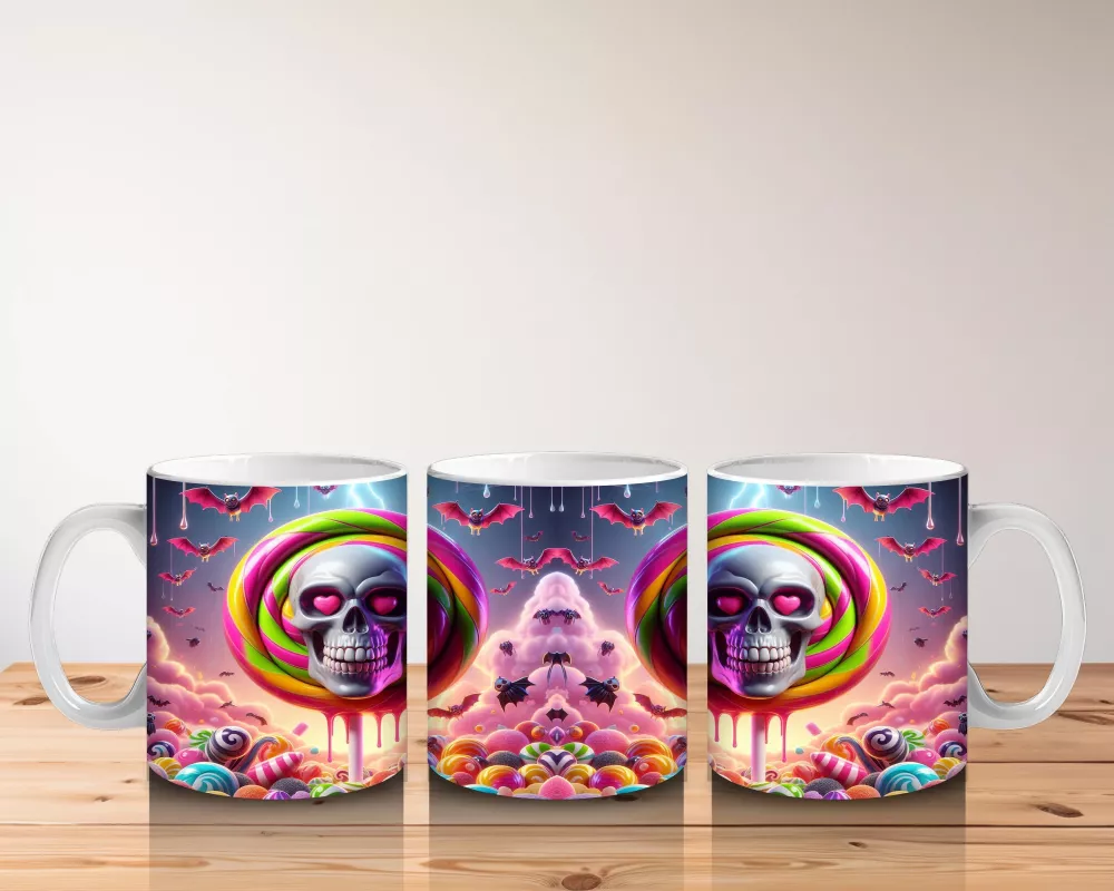 Neon Renkli Hayalet Figürlü Renkli Halka İçinde Cadılar Bayramı Baskılı Kupa Bardak - 5