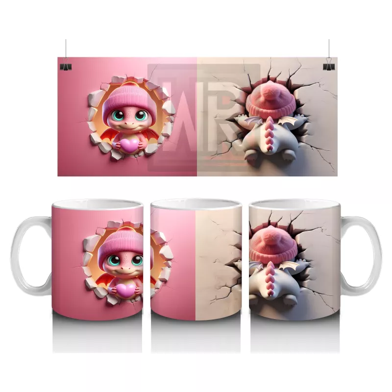 Neşeli Kız Maskot ve Pembe Kalpli Fon Figürü – Baskılı Kahve Kupası