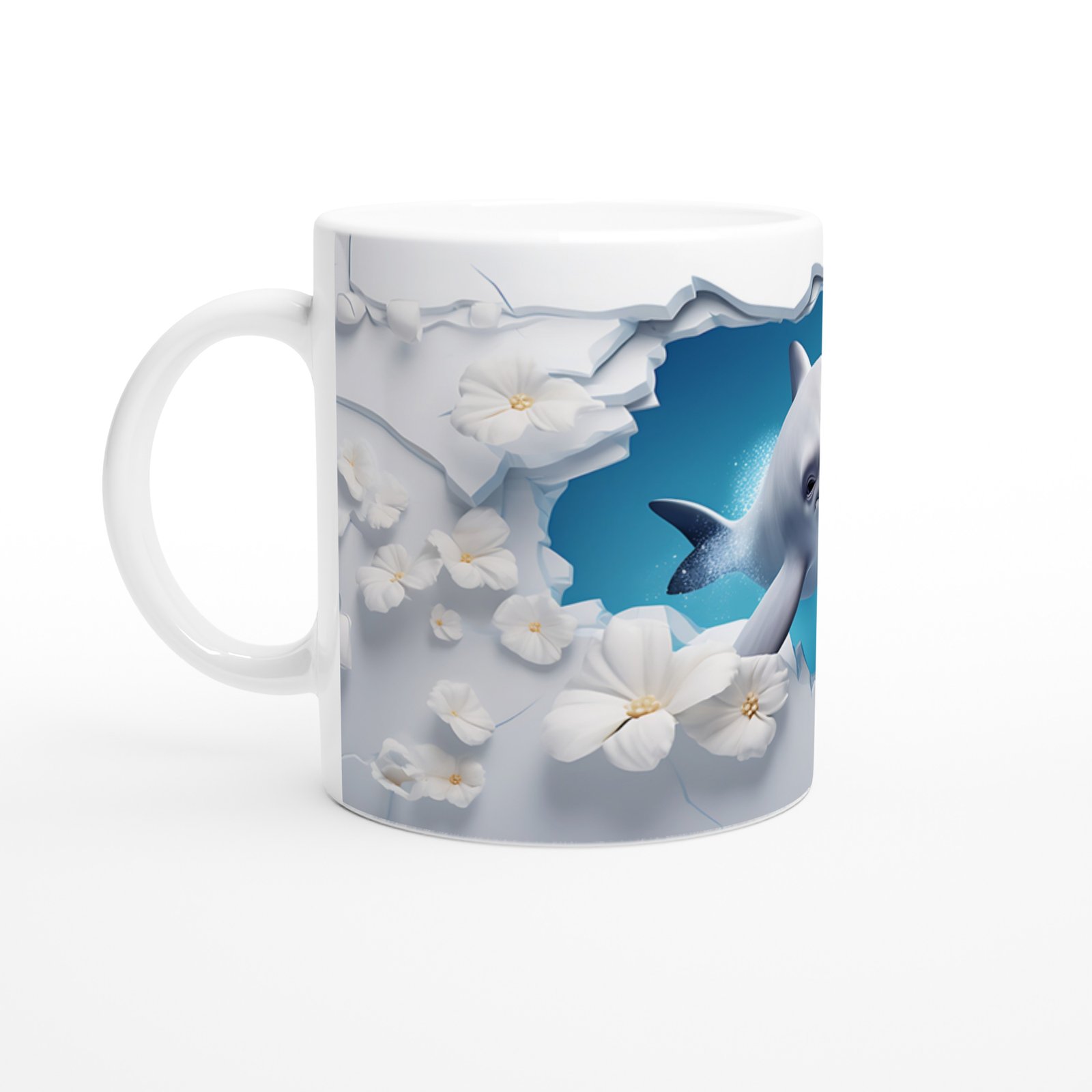 Neşeli Yunus ve Beyaz Çiçekler Su Altı Temalı Kupa Bardak - 2