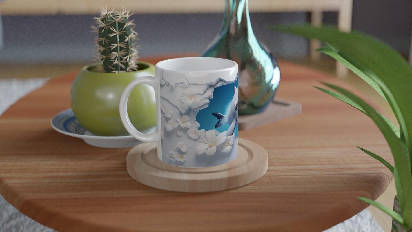 Neşeli Yunus ve Beyaz Çiçekler Su Altı Temalı Kupa Bardak - 4