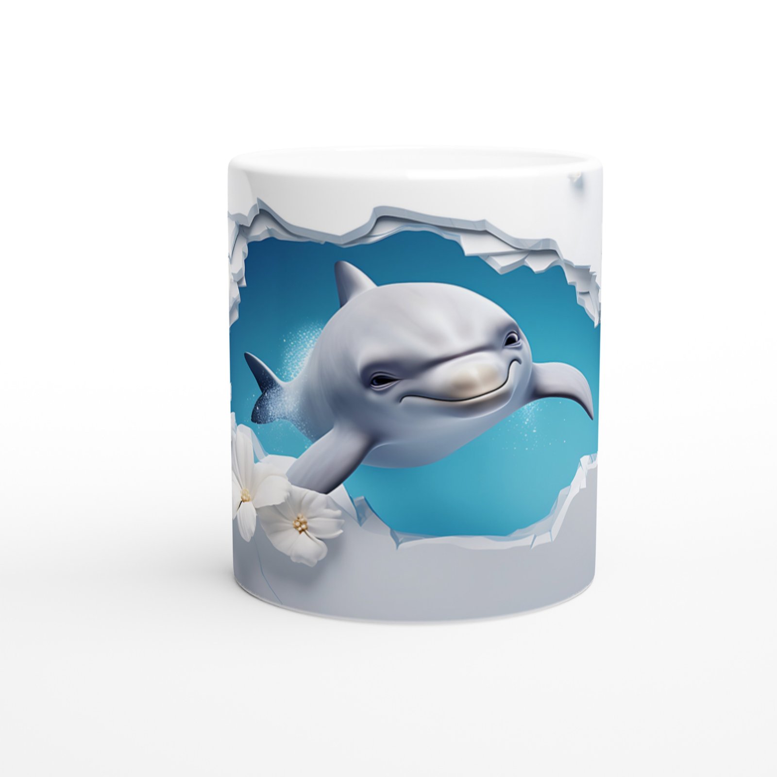 Neşeli Yunus ve Beyaz Çiçekler Su Altı Temalı Kupa Bardak