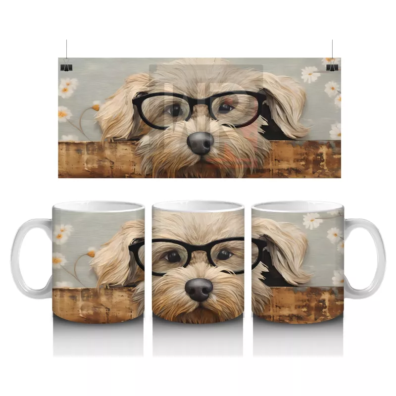 Odun Üzerinde Gözlük Takmış Tatlı Köpek – Baskılı Kahve Kupası