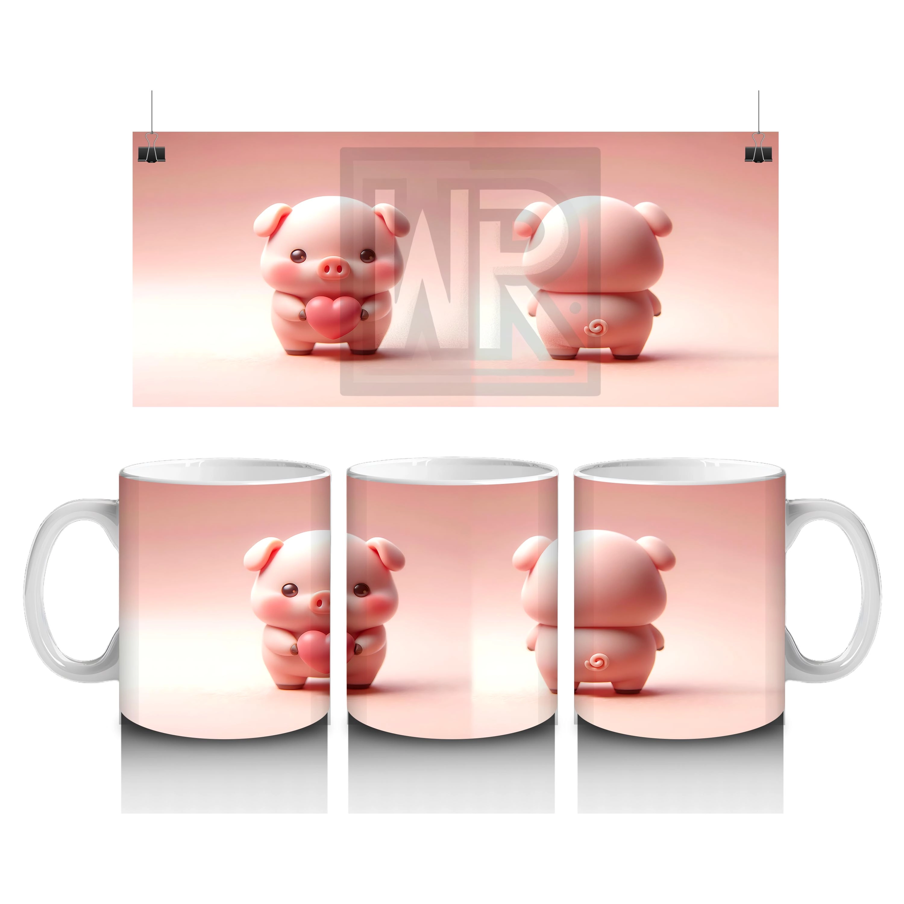 Ön ve Arka Yüzüyle Sevimli Domuz Maskotlar – Baskılı Kahve Kupası