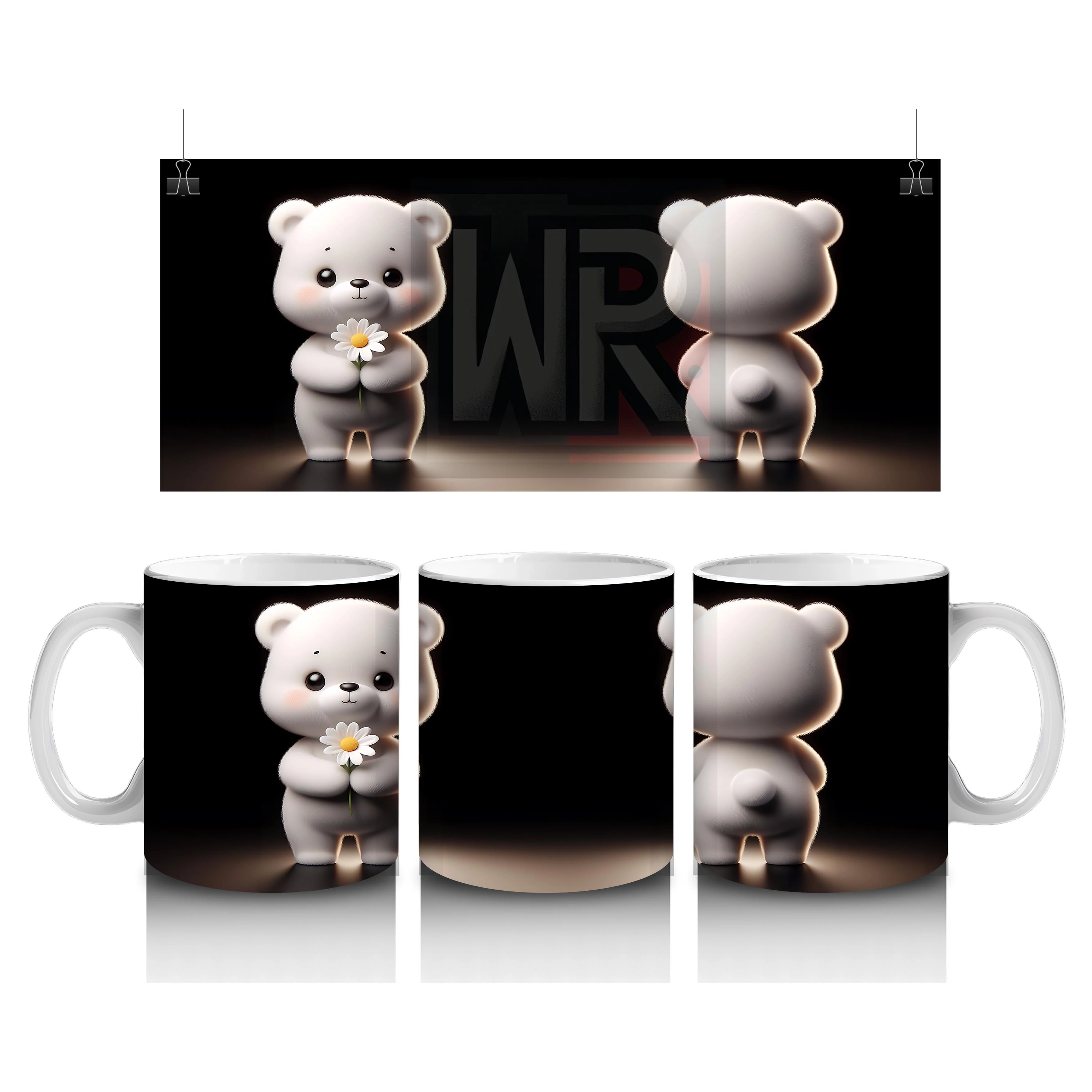 Papatya Tutan Sevimli Beyaz Ayıcık - Baskılı kahve kupası