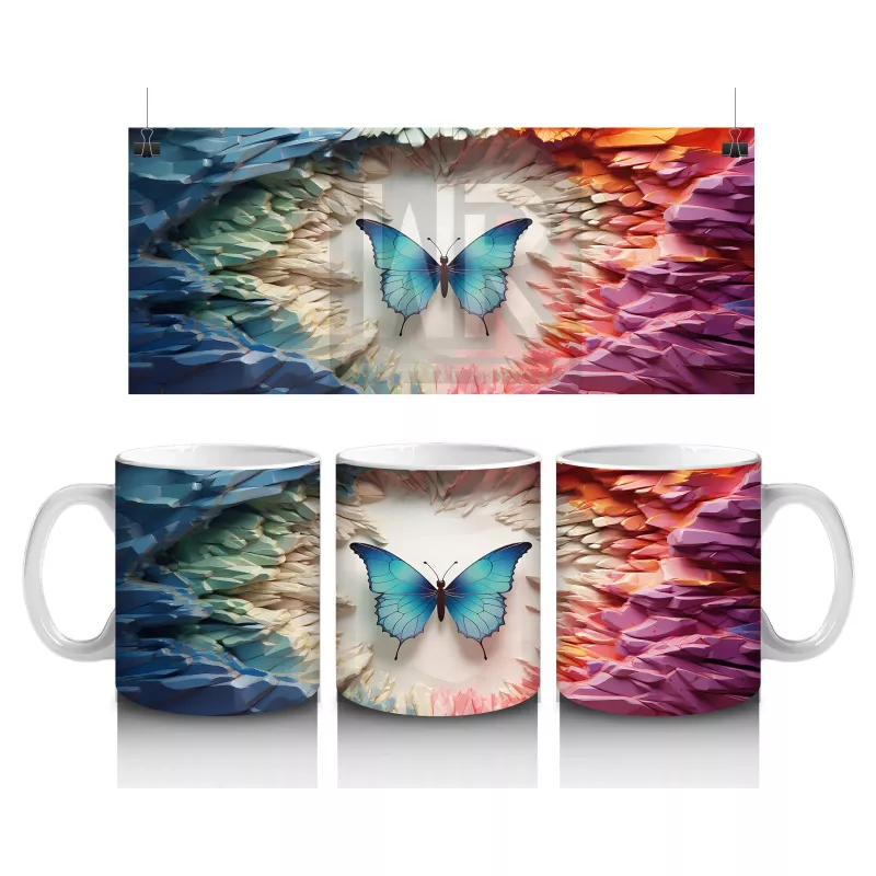 Parlak Işıklarla Çevrelenmiş Mavi Kelebek – Baskılı Kupa