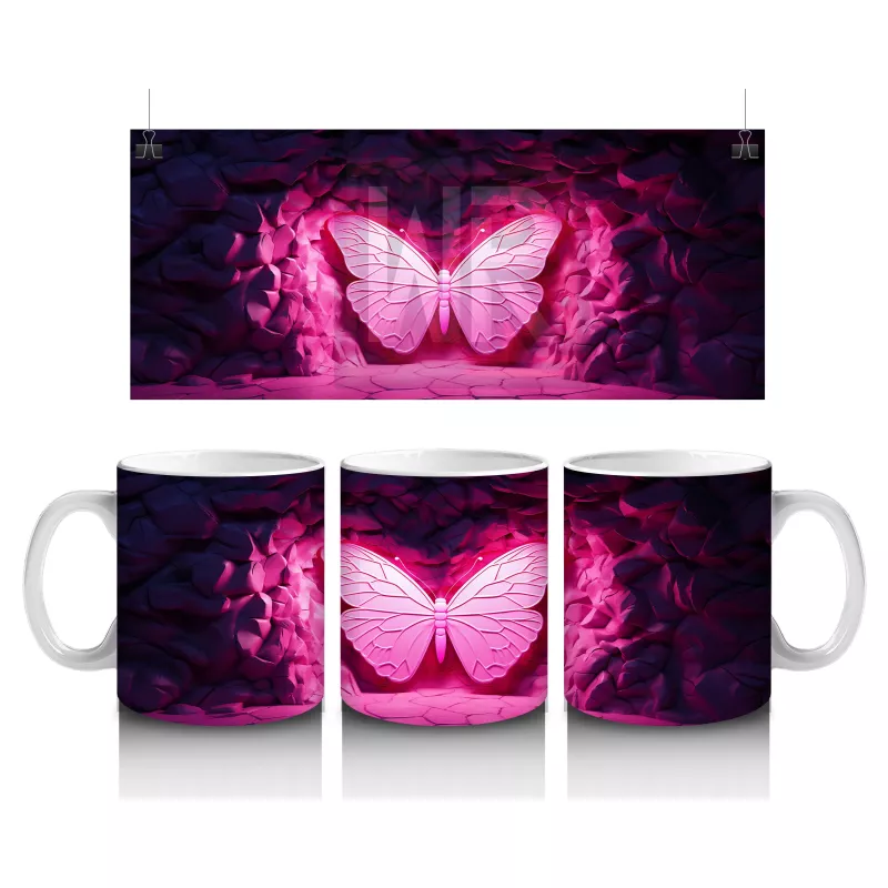 Parlak Pembe Işıltılarla Vurgulanmış Kelebek – Baskılı Kahve Kupası