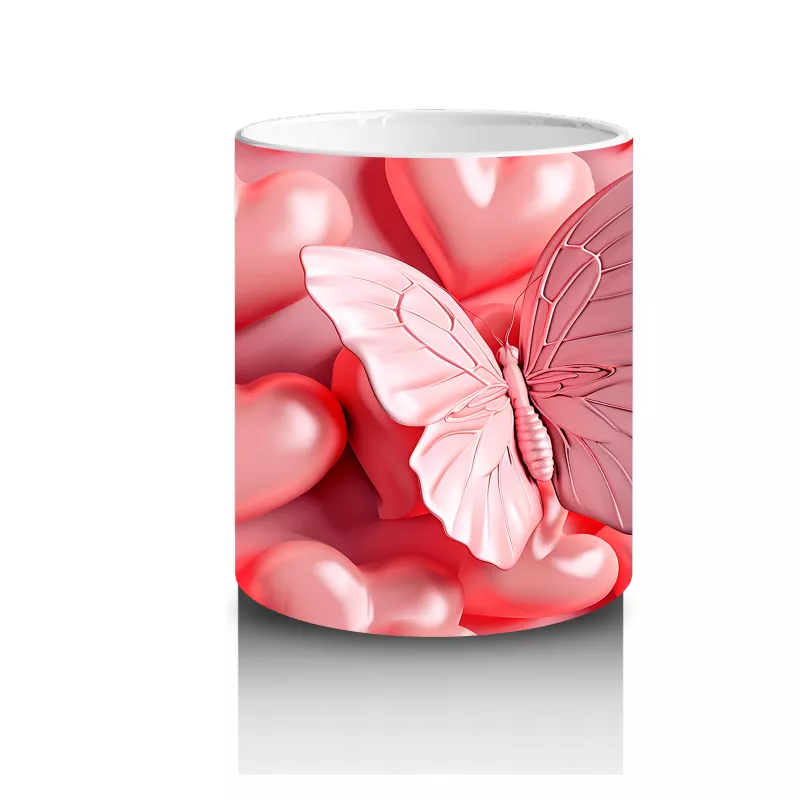 Parlak Pembe Kalplerle Süslenmiş Pembe Kelebek – Baskılı Kahve Kupası - 3